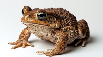 Fototapeta premium Intriguing toad with soulful eyes perched on a stark white backdrop. Detailed texture and captivating gaze