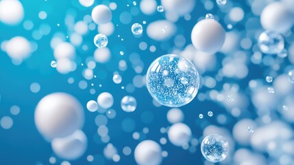 Abstract Background of Floating Bubbles and Spheres in a Soft Blue Gradient with a Dreamy Atmosphere