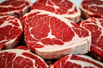 Isolated raw red meat chops, beef and pork, uncooked ingredients for a fresh dinner meal