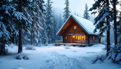 Cozy Wooden Cabin in Snowy Winter Forest: Tranquil Seasonal Retreat