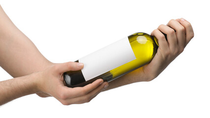 Man holding bottle of luxury wine on white background. Mockup for design