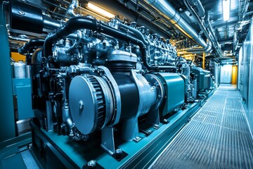 Obraz premium Industrial Engine Room with Advanced Equipment and Metal Pipes