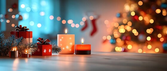 Christmas candles with gifts, and bokeh.