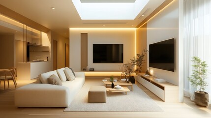 Modern minimalist living room with skylight. Interior design