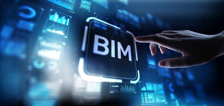 BIM Building Information Modeling for Construction Efficiency, projection on a virtual screen, Business and Technology Concept.