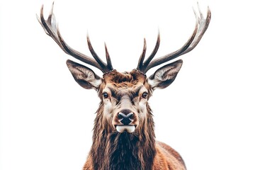 A majestic stag with impressive antlers, standing regally against a white background. 