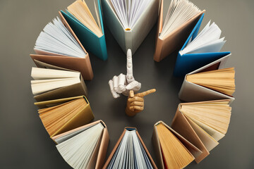 Clock made with books on grey background, flat lay