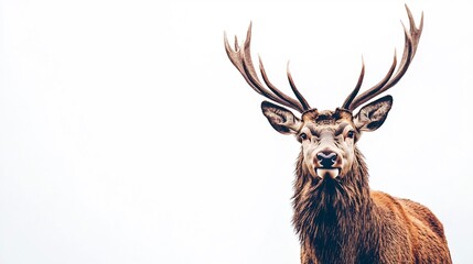  A majestic stag with impressive antlers standing proudly against a white backdrop. 