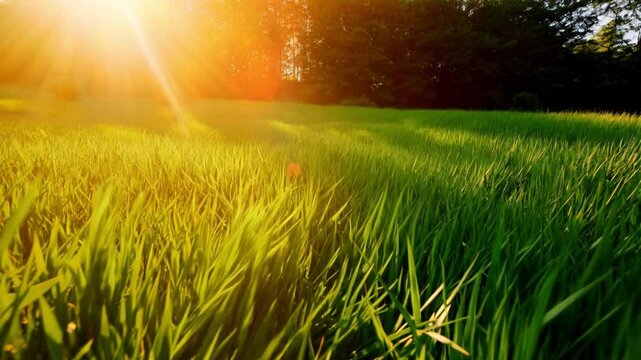 Sunlit Green Grass Field in the Morning