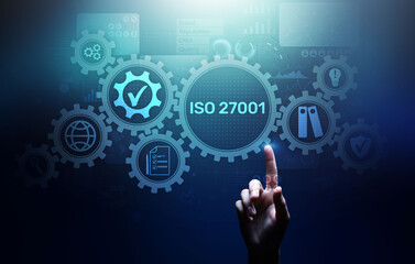 Iso 27001 Standard Standardisation Certification Customer guarantee and satisfaction Business concept on virtual screen.