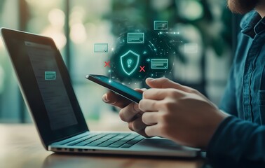 Person using phone and laptop with digital security shield.