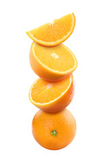 Fresh juicy oranges falling on white background