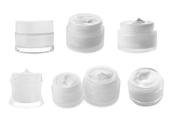 Cosmetic cream in jars isolated on white, collage