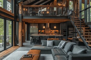 A modern rustic interior showcasing a cozy living space indoors