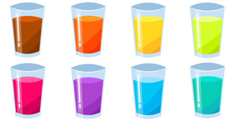 Set of sweet drinks isolated on white background. Various type of drinks inside transparent glass. Beverages set for summer and restaurant elements. Vector set with eps format.