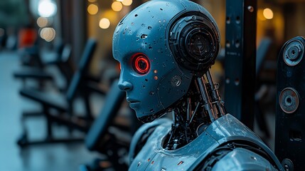 Fototapeta premium Robotic head in gym; futuristic fitness