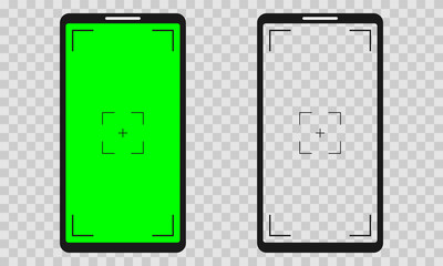 Smartphone camera interface with green screen overlay. Minimalist vector illustration of a smartphone camera interface with a green screen and checkered background