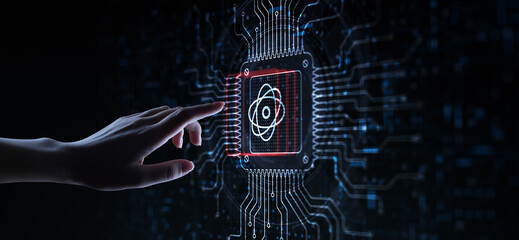 Quantum Computing Revolutionizing Information Processing Illustrated on a Processor Touched by a...