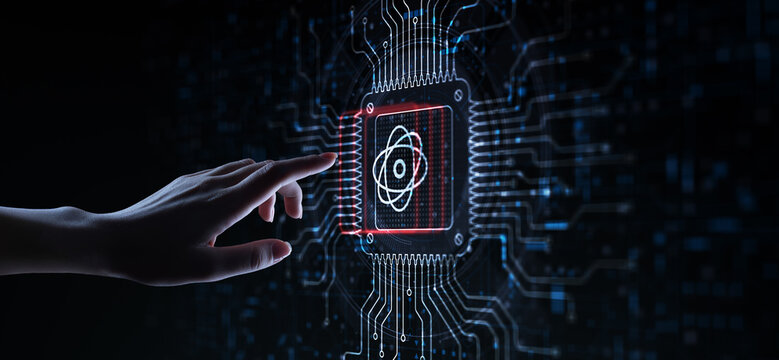 Quantum Computing Revolutionizing Information Processing Illustrated on a Processor Touched by a Human Hand.
