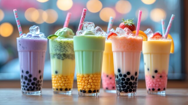Colorful Bubble Tea Drinks with Strawberries and Ice on Wooden Counter