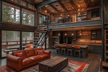 A rustic luxury interior showcases a modern open concept living space