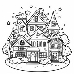 Fototapeta premium Whimsical black and white illustration of a cluster of fairytale houses with unique rooftops and charming details, surrounded by stars, clouds