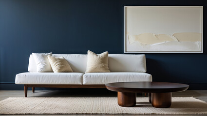 Serene living room featuring a minimalist white sofa, plush cushions, and a unique dark wood coffee table against a deep blue wall, accented by a textured abstract artwork.