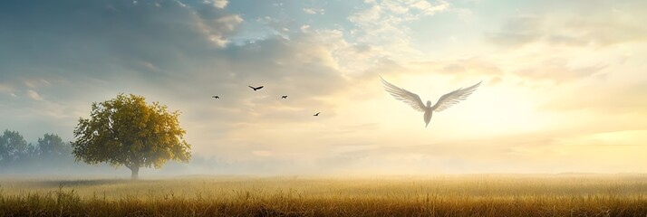 Fototapeta premium A surreal 3D background featuring an ethereal angel floating in a cloudy sky above a peaceful meadow and solitary tree at sunrise creating a captivating and scene