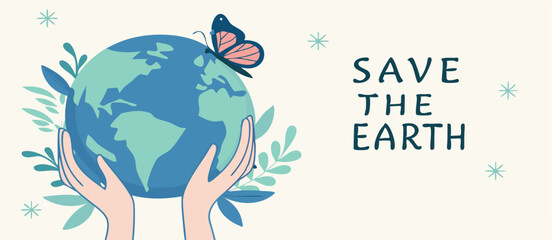 Earth Day. Environment Day. Save the planet. Vector illustration of hands holding the earth, bottom up view of nature and forest, people for ecology and green theme for poster or greeting card