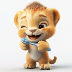 Cute cartoon lion cub holding a toothbrush, happy and playful expression