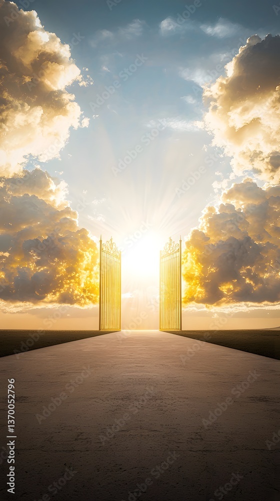 Poster a surreal digital rendering depicting the grand gates of heaven opening allowing radiant celestial l