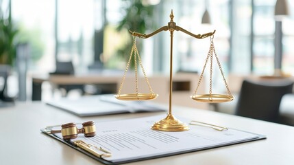 Legal scales on a desk with documents.