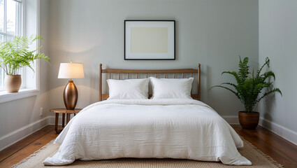 A serene bedroom sanctuary, inviting rest and tranquility with soft, natural light illuminating crisp white linens and lush greenery.