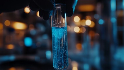 A close-up of the test tube, showing its blue liquid and bubbles. In the background, blurred-out lab equipment with lights shining on it can be seen