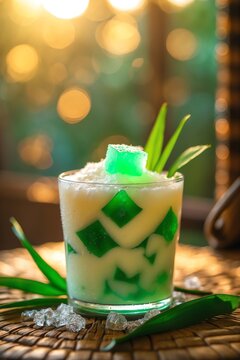Refreshing Buko Pandan Dessert in Glass with Green Jelly and Ice
