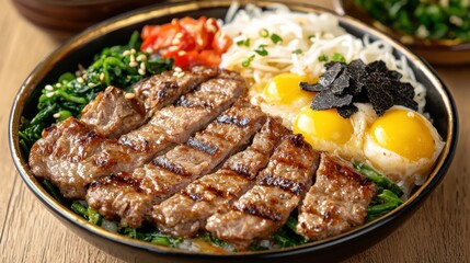 A delicious bowl of grilled beef with vegetables, garnished with eggs and herbs, showcasing a vibrant and appetizing meal.