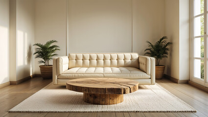 Serene living room featuring a cream tufted sofa, a rustic wooden coffee table, and lush potted plants bathed in warm sunlight.