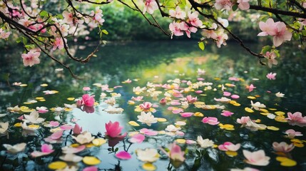 Fototapeta premium A shallow pond filled with floating petals of pink
