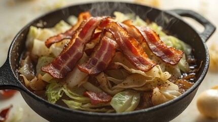 Cabbage and Bacon Dish in Cast Iron Pan Ready to Serve