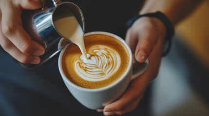 A hand holding a freshly made latte coffee with artistic foam, used for coffee-related theme promotion, design, and sales.