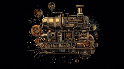 Detailed Steampunk Train Illustration in Gold and Brown