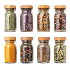 Glass spice jars with wooden lids containing various spices and herbs on isolate white Background 