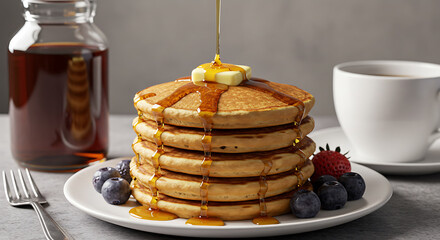 Fluffy Buttermilk Pancake Stack with Syrup Butter and Berries