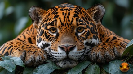 Obraz premium Majestic jaguar resting amidst lush green foliage, intense gaze, close-up.