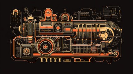 Intricate Steampunk Train Illustration in Orange and Gold