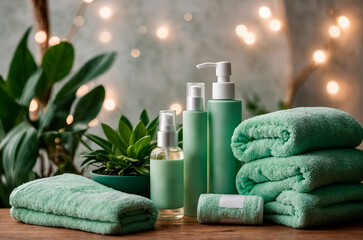 A composition in green tones of skin care products, soft towels and indoor plants.