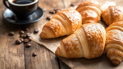 A picture depicting a cup of coffee alongside several breads on a table, ideal for promotional materials and design purposes in cafes, bakeries, and food-related websites.