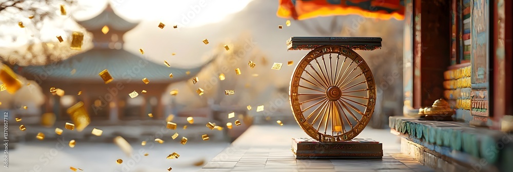 Poster a tranquil and meditative scene of a tibetan prayer wheel softly rotating with shimmering golden dus