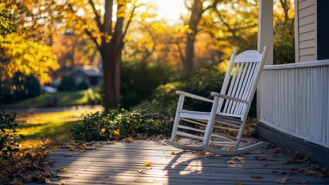 Relaxing white rocking chair on porch during autumn with warm sunlight. Perfect for cozy fall themed projects