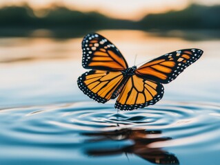 Obraz premium Colorful Monarch Butterfly Over Rippling Water Surface at Sunset